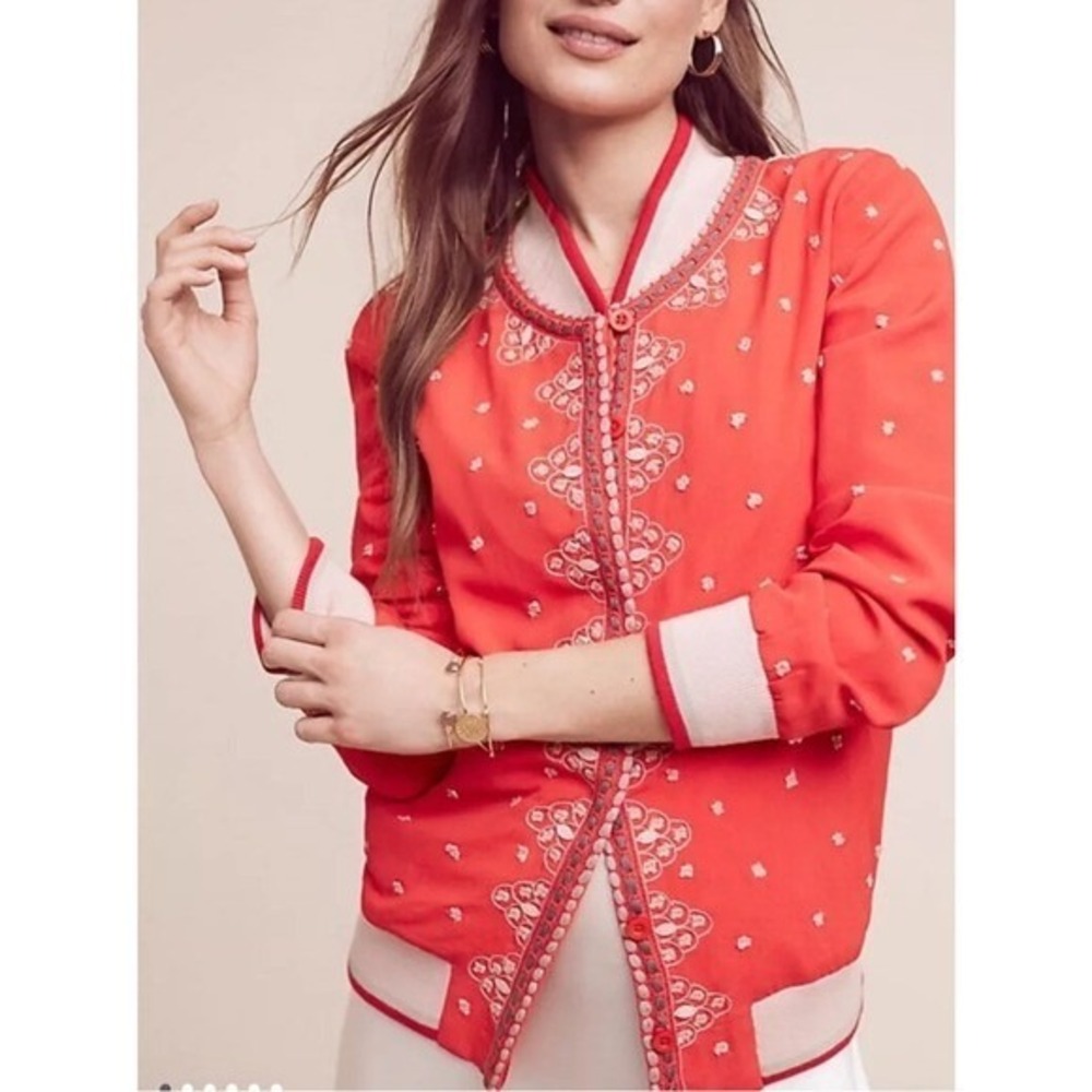 Anthropologie Conditions Apply Red Embroidered Bomber Jacket M Boho Folk Indie